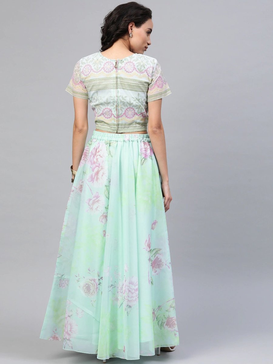 Ahalyaa Women Mint Green Oraganza Printed Lehenga Choli | Grocsy