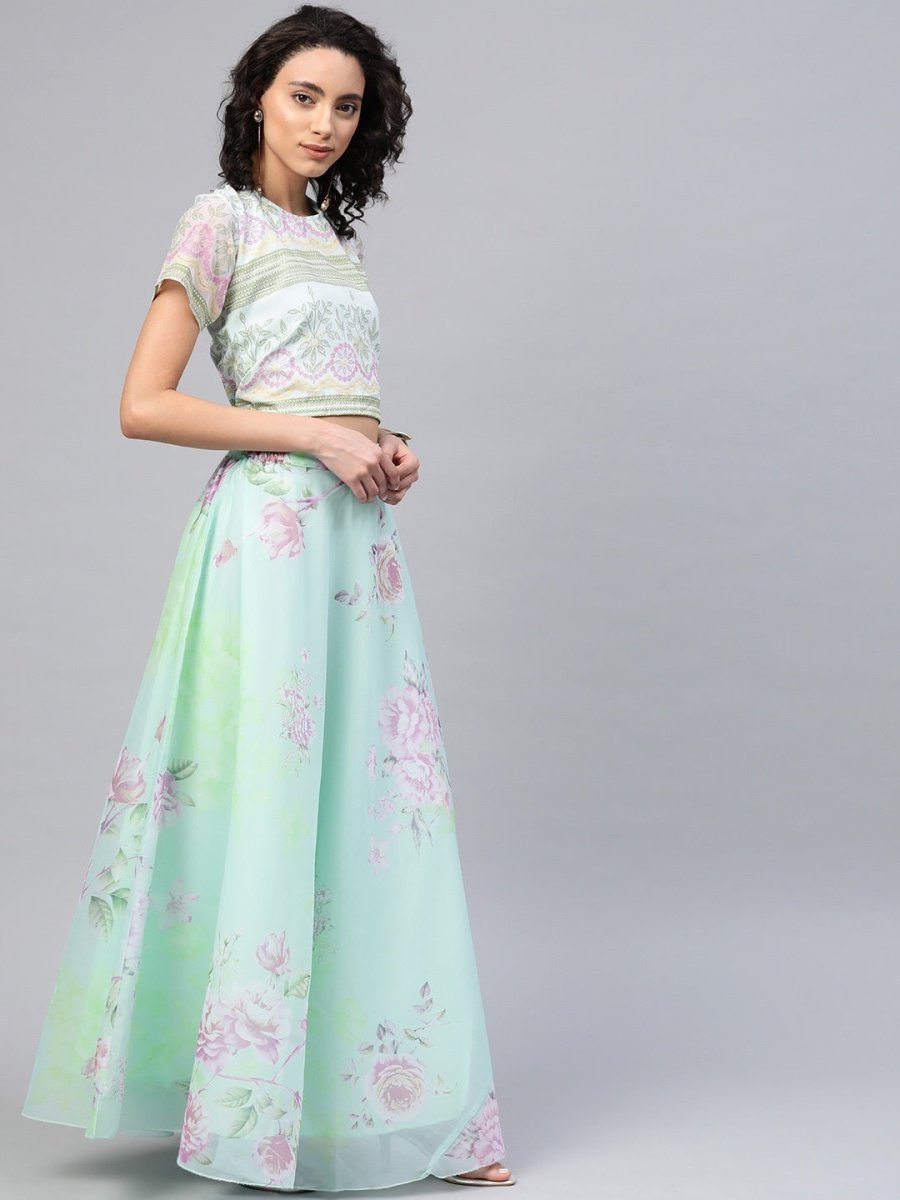 Ahalyaa Women Mint Green Oraganza Printed Lehenga Choli | Grocsy