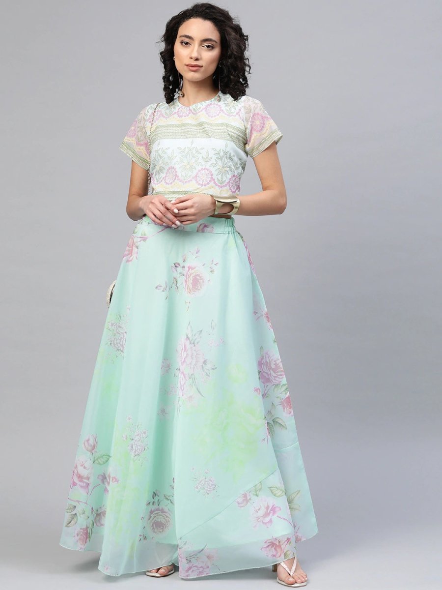 Ahalyaa Women Mint Green Oraganza Printed Lehenga Choli | Grocsy