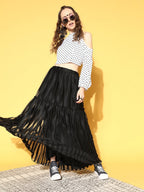 Ahalyaa Women White & Black Printed Top & Skirt | Grocsy