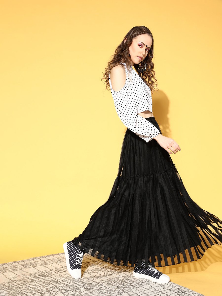 Ahalyaa Women White & Black Printed Top & Skirt | Grocsy