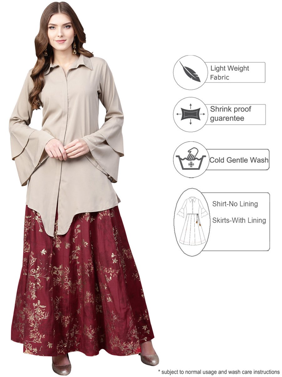 Ahalyaa Indowestern Beige & Maroon Shirt With Skirt Set | Grocsy