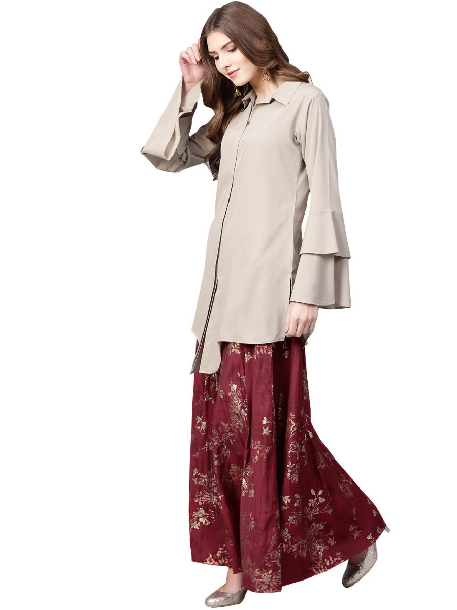 Ahalyaa Indowestern Beige & Maroon Shirt With Skirt Set | Grocsy