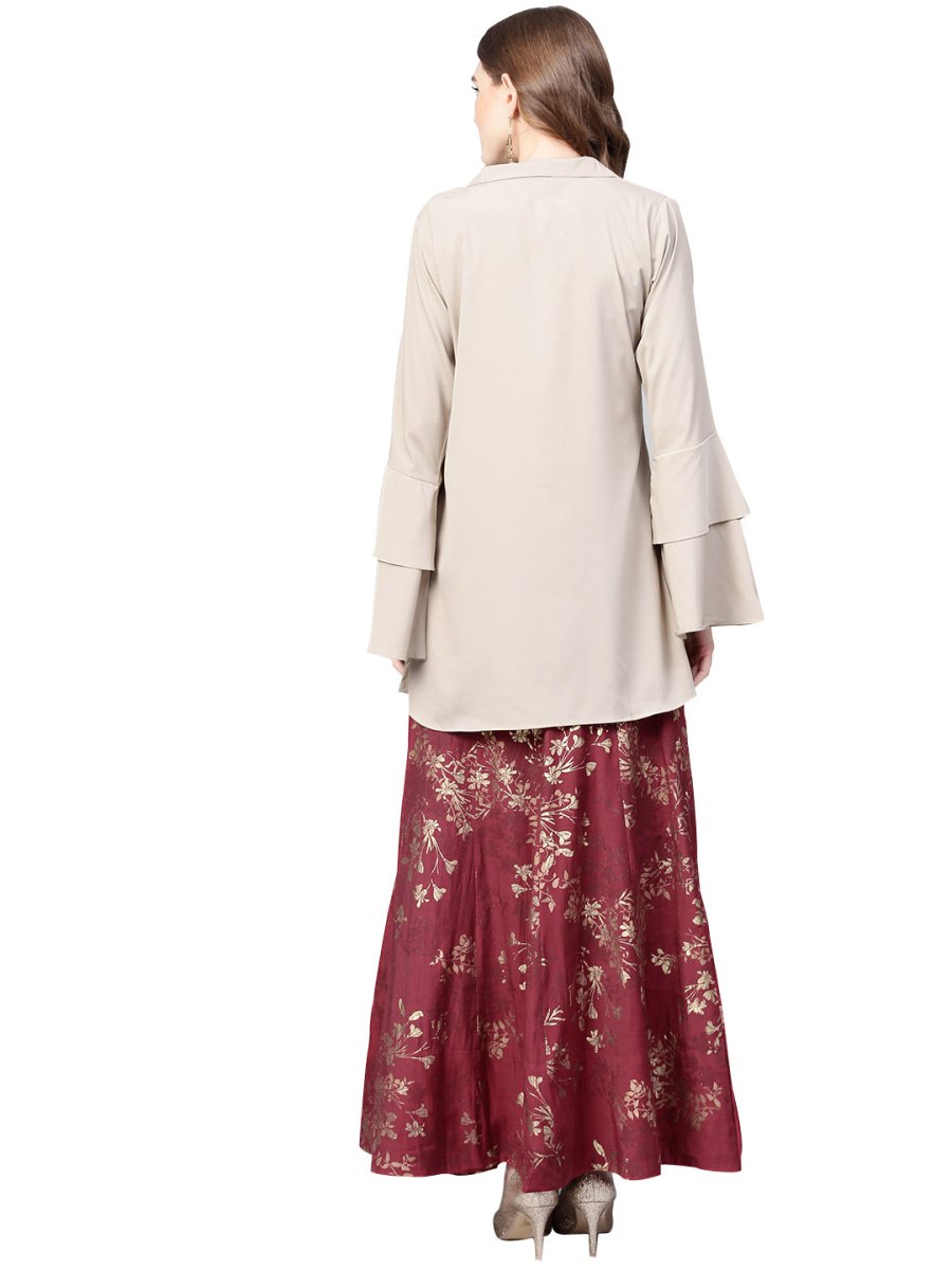 Ahalyaa Indowestern Beige & Maroon Shirt With Skirt Set | Grocsy