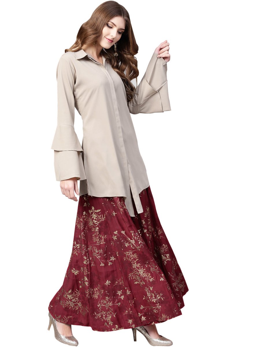 Ahalyaa Indowestern Beige & Maroon Shirt With Skirt Set | Grocsy