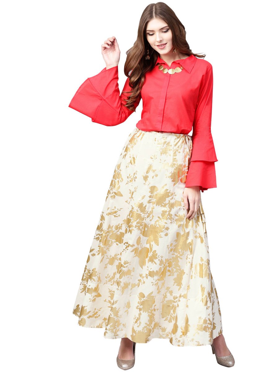 Ahalyaa Indowestern Red Shirt With Off White & Gold Skirt Set | Grocsy