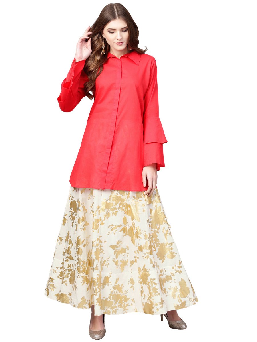 Ahalyaa Indowestern Red Shirt With Off White & Gold Skirt Set | Grocsy