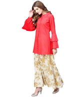 Ahalyaa Indowestern Red Shirt With Off White & Gold Skirt Set | Grocsy
