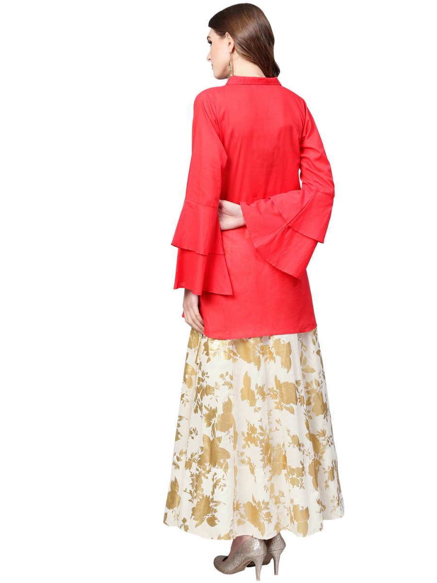 Ahalyaa Indowestern Red Shirt With Off White & Gold Skirt Set | Grocsy
