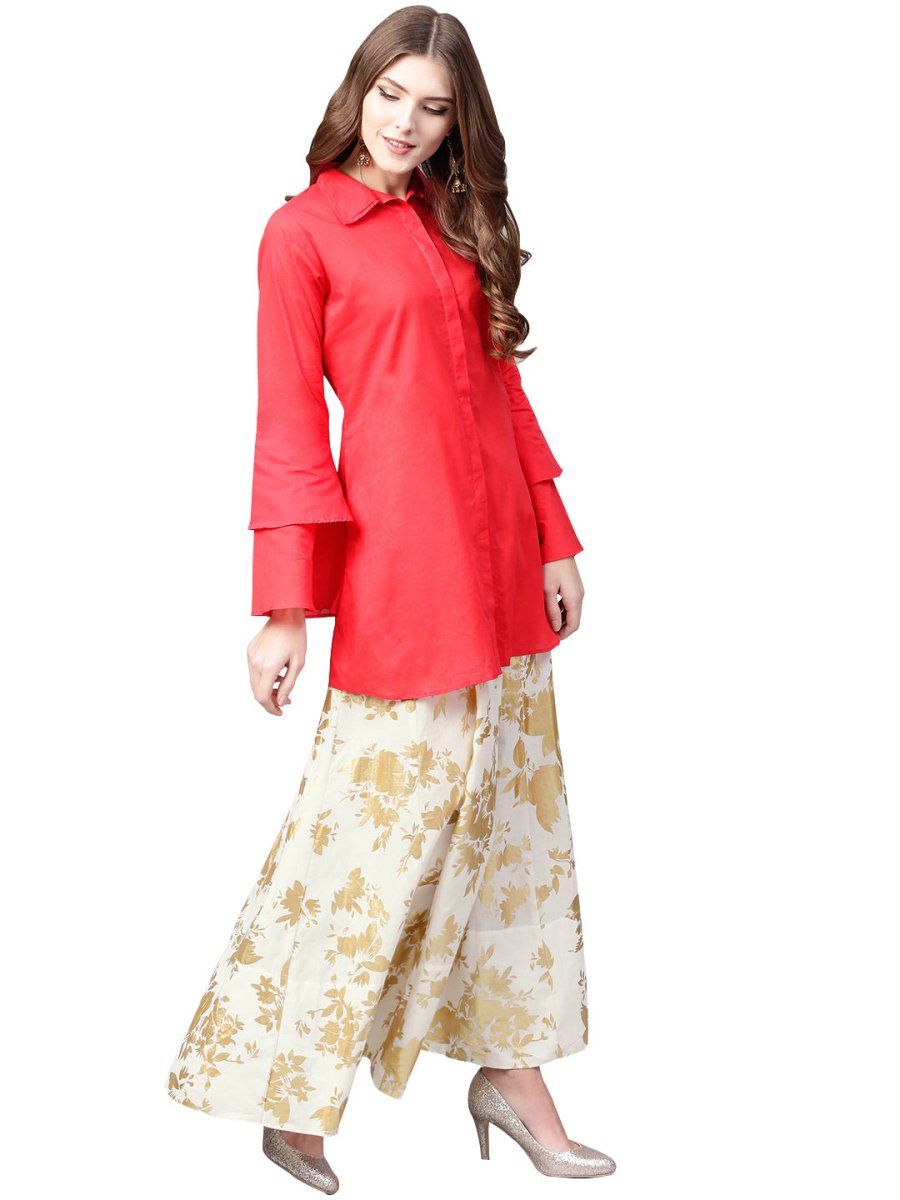 Ahalyaa Indowestern Red Shirt With Off White & Gold Skirt Set | Grocsy