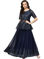 Ahalyaa Navy Blue Peplum Net Indowestern Set | Grocsy