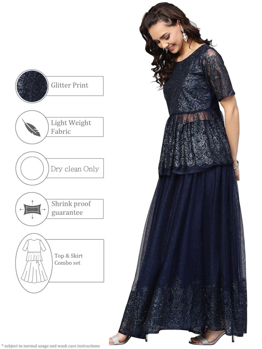 Ahalyaa Navy Blue Peplum Net Indowestern Set | Grocsy