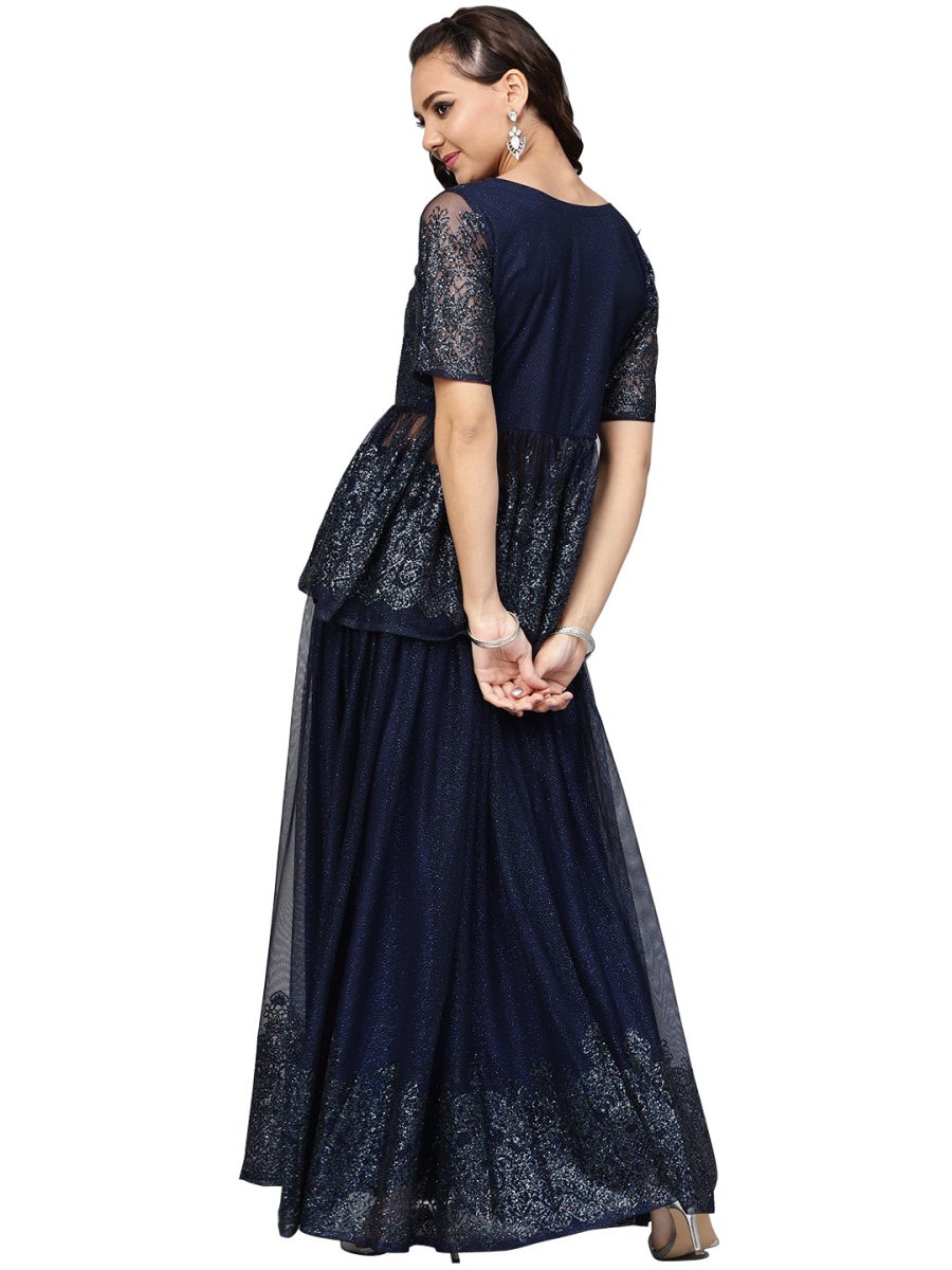 Ahalyaa Navy Blue Peplum Net Indowestern Set | Grocsy