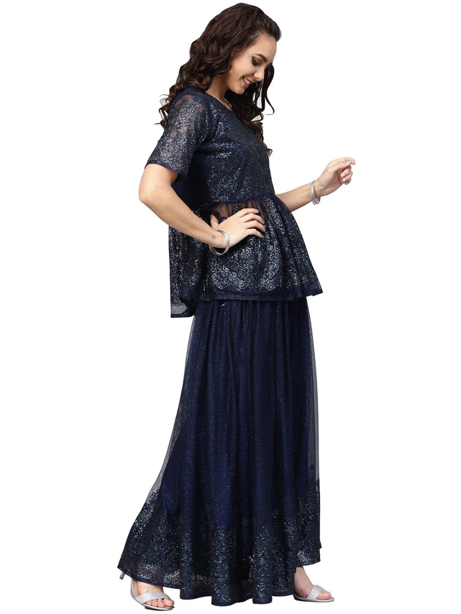 Ahalyaa Navy Blue Peplum Net Indowestern Set | Grocsy