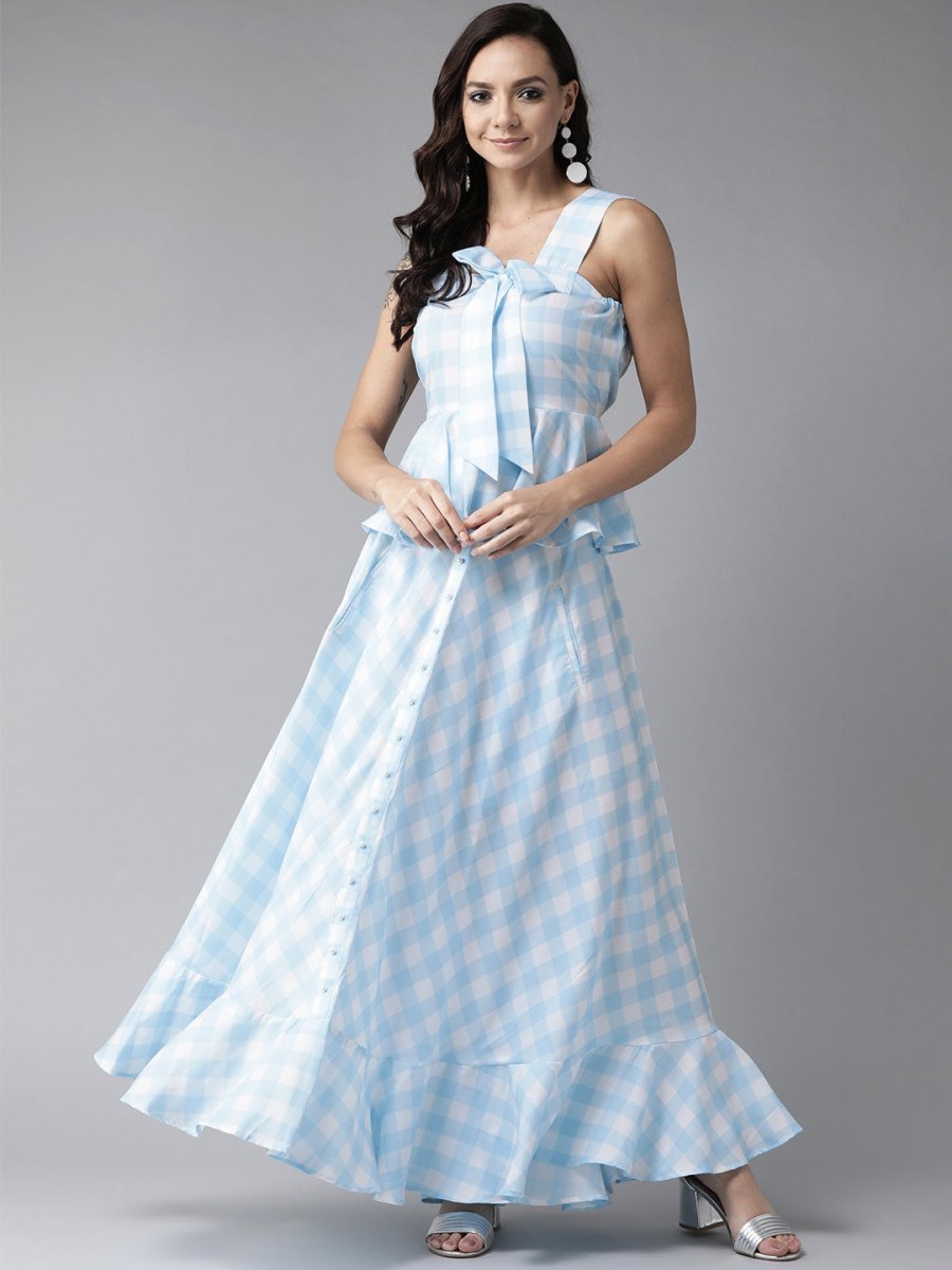 Ahalyaa Women Blue & White Checked Peplum Top with Skirt | Grocsy