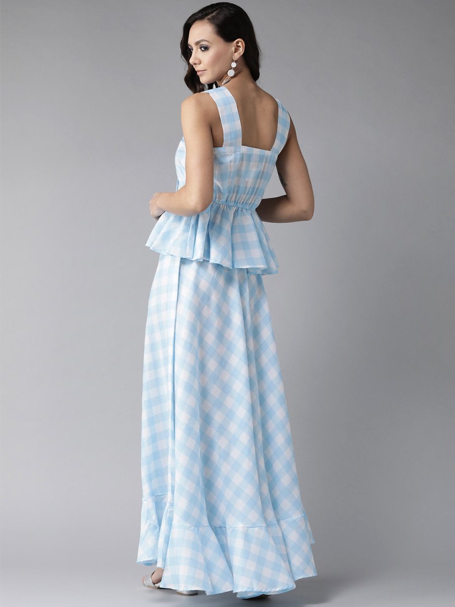 Ahalyaa Women Blue & White Checked Peplum Top with Skirt | Grocsy