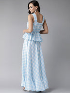 Ahalyaa Women Blue & White Checked Peplum Top with Skirt | Grocsy