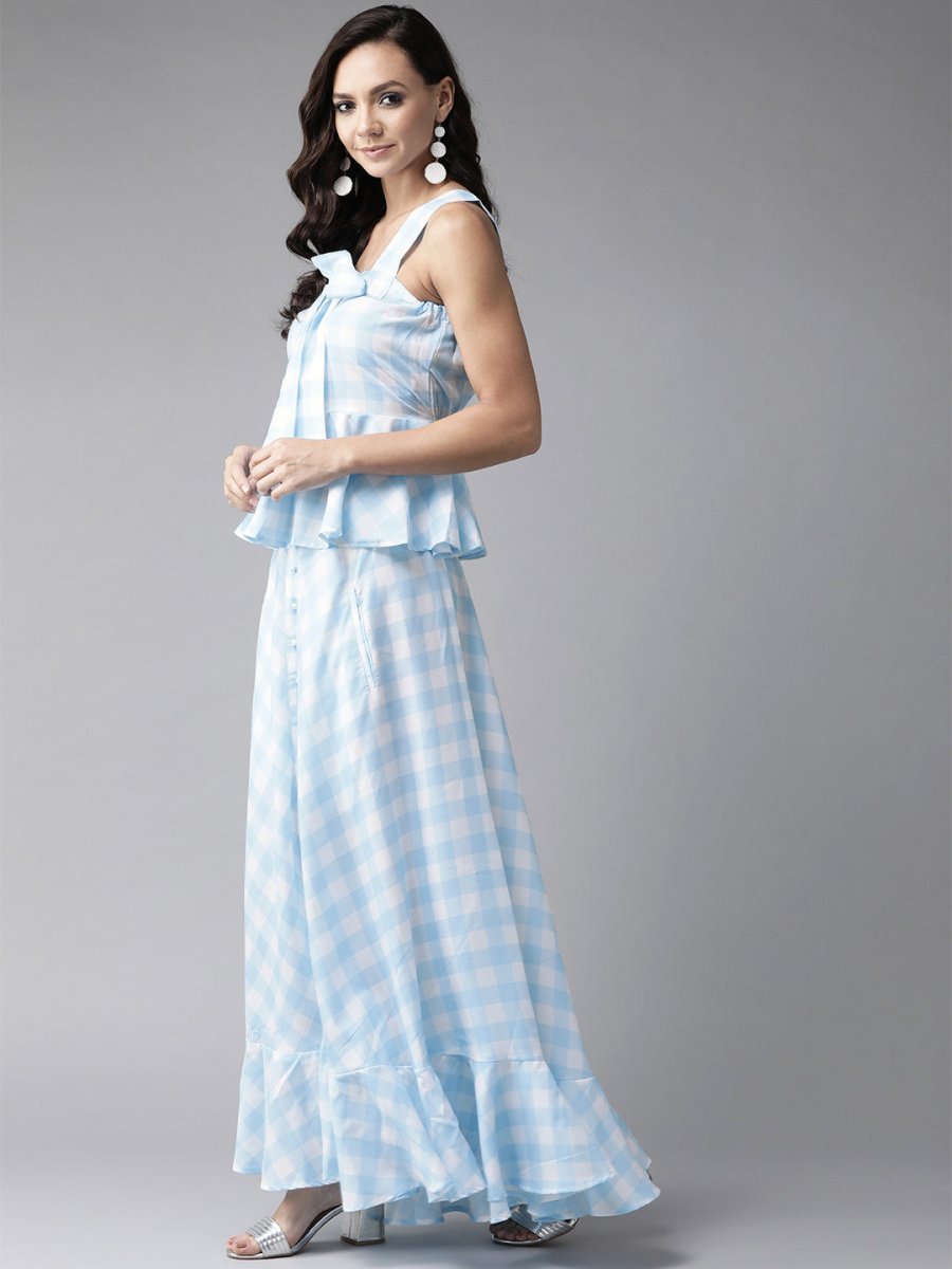Ahalyaa Women Blue & White Checked Peplum Top with Skirt | Grocsy