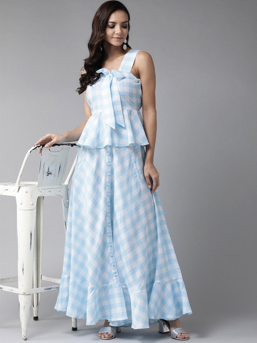 Ahalyaa Women Blue & White Checked Peplum Top with Skirt | Grocsy
