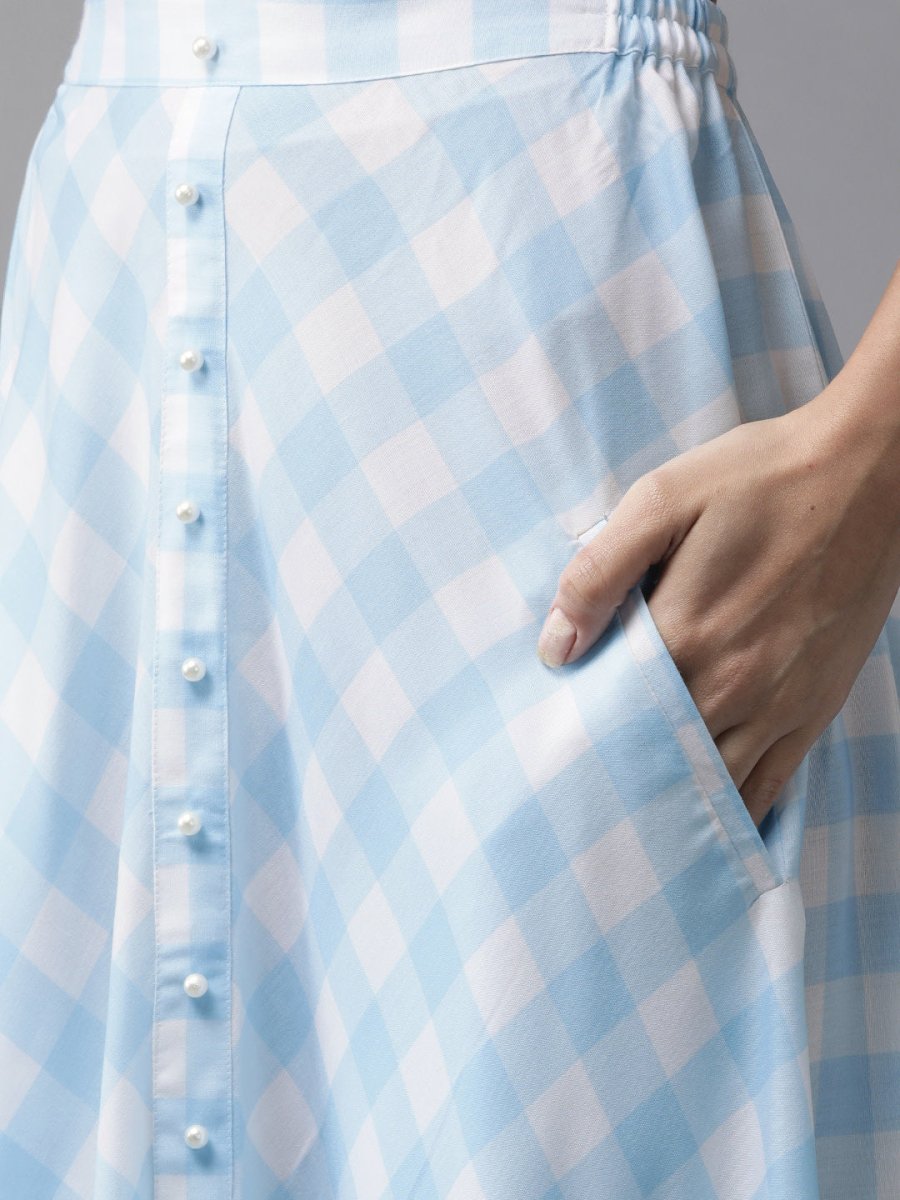 Ahalyaa Women Blue & White Checked Peplum Top with Skirt | Grocsy