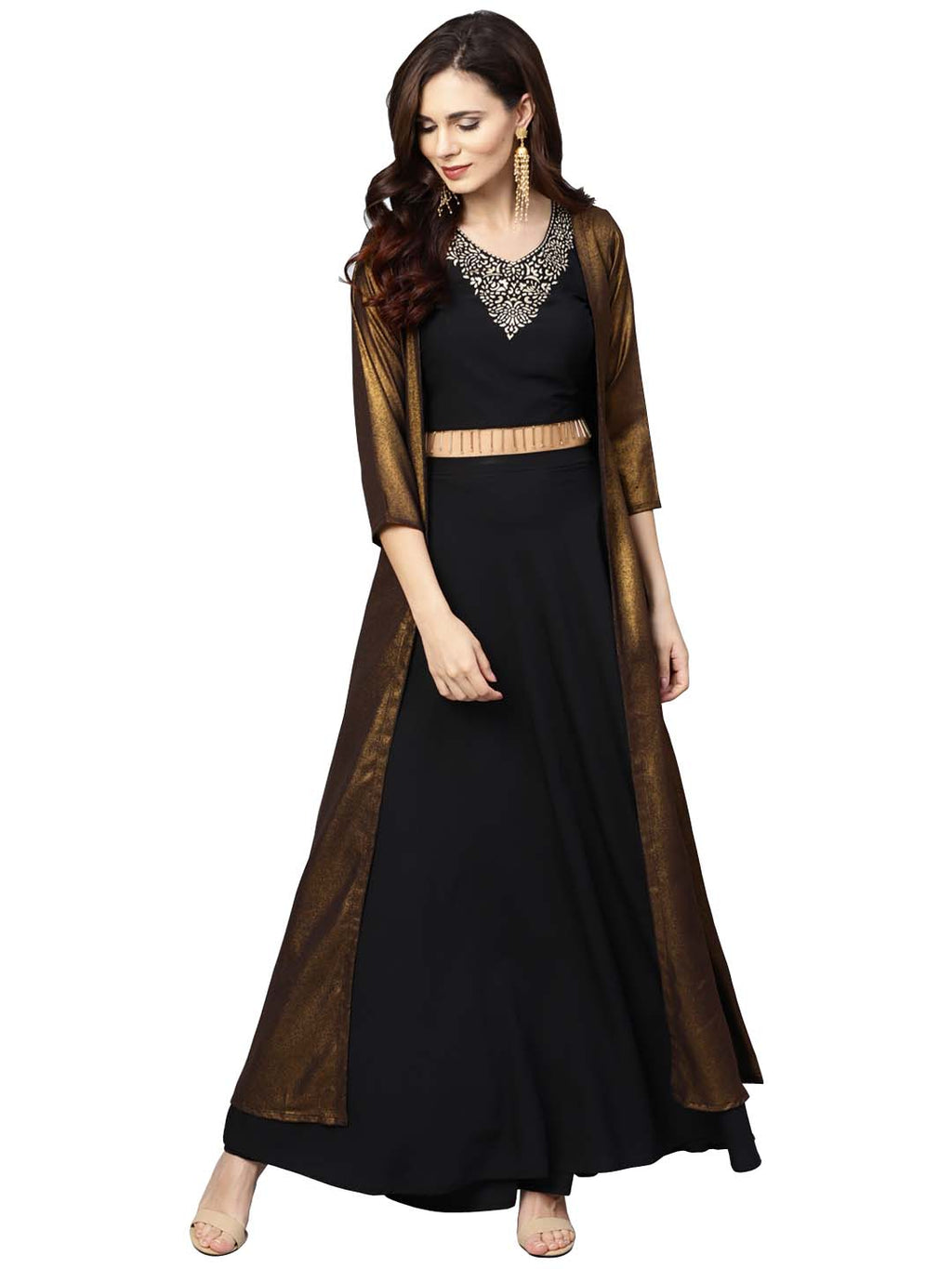 Ahalyaa Black Golden Straight Crepe & Georgette Kurta Set | Grocsy