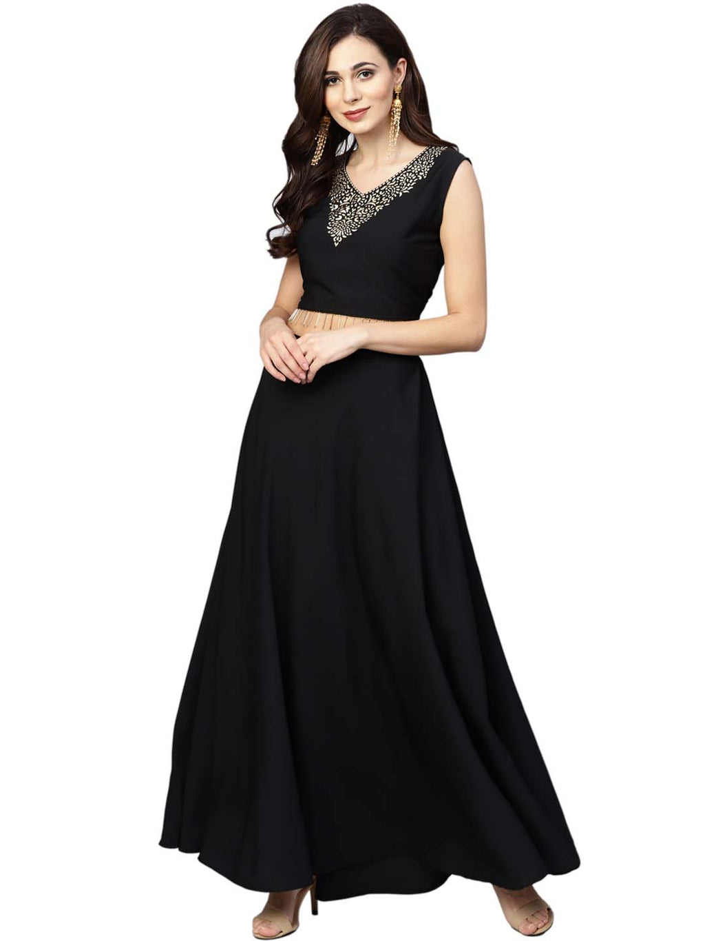 Ahalyaa Black Golden Straight Crepe & Georgette Kurta Set | Grocsy