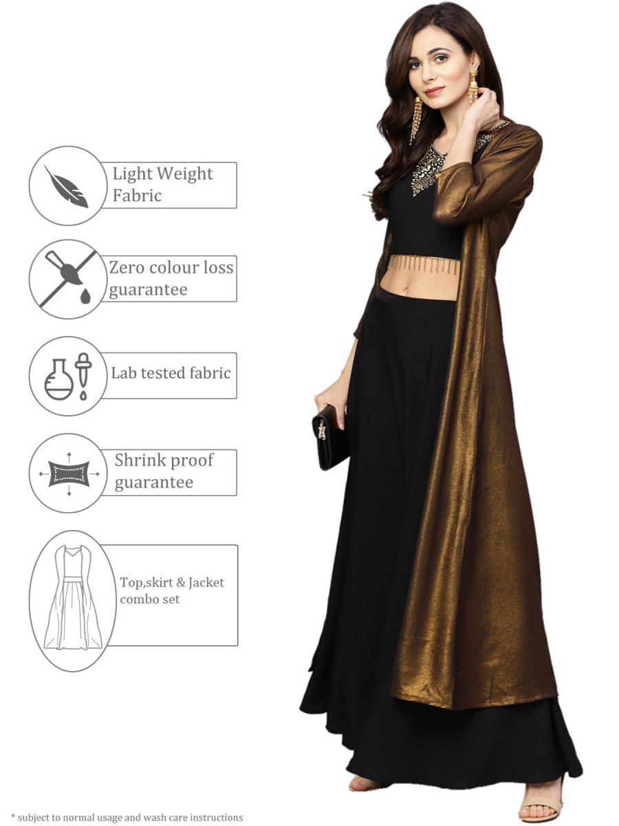 Ahalyaa Black Golden Straight Crepe & Georgette Kurta Set | Grocsy