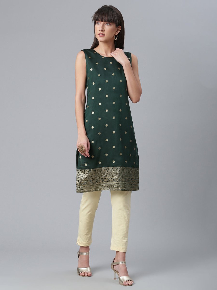 Ahalyaa Chanderi Dark Green Foil Gold Printed Kurti | Grocsy