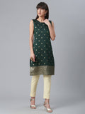 Ahalyaa Chanderi Dark Green Foil Gold Printed Kurti | Grocsy