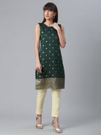 Ahalyaa Chanderi Dark Green Foil Gold Printed Kurti | Grocsy