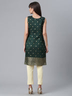 Ahalyaa Chanderi Dark Green Foil Gold Printed Kurti | Grocsy