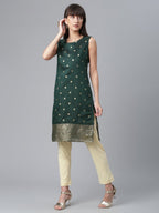 Ahalyaa Chanderi Dark Green Foil Gold Printed Kurti | Grocsy