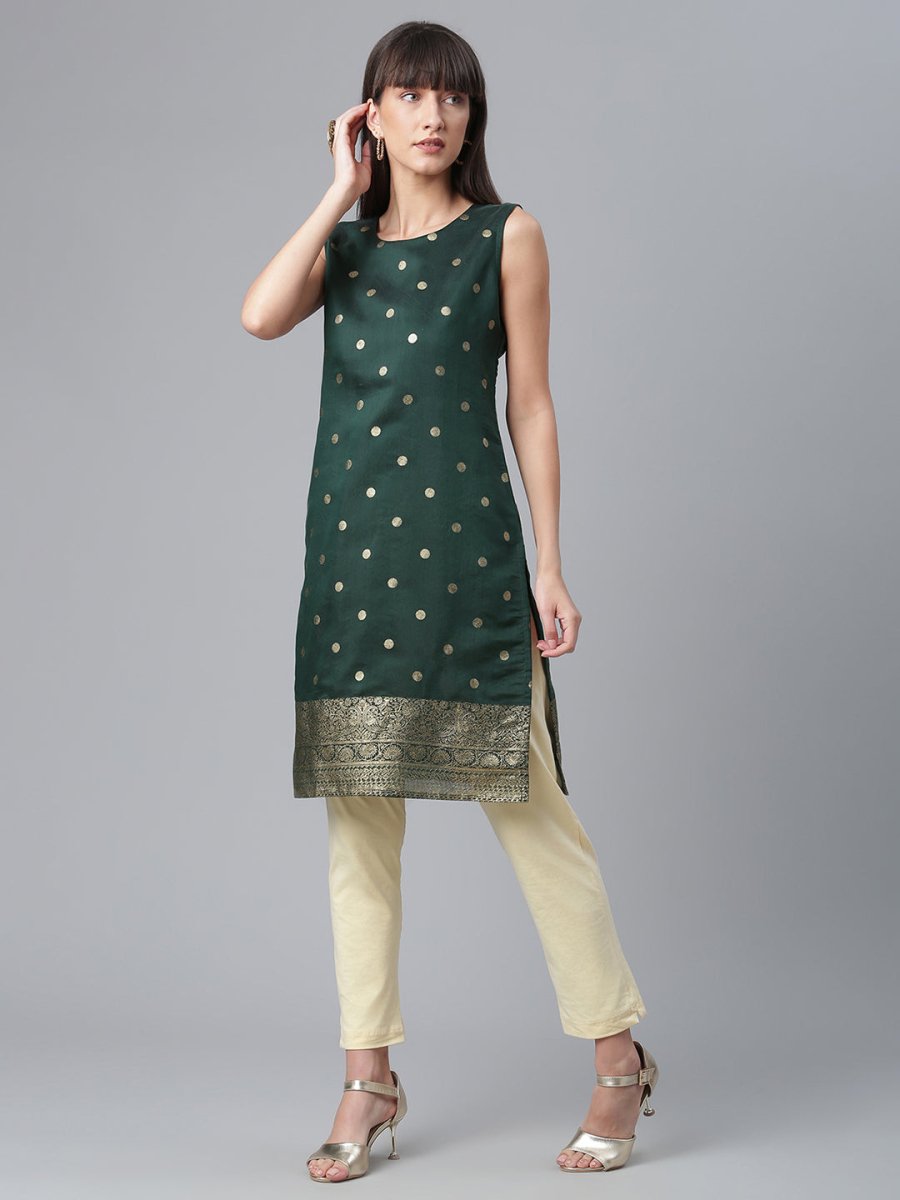 Ahalyaa Chanderi Dark Green Foil Gold Printed Kurti | Grocsy