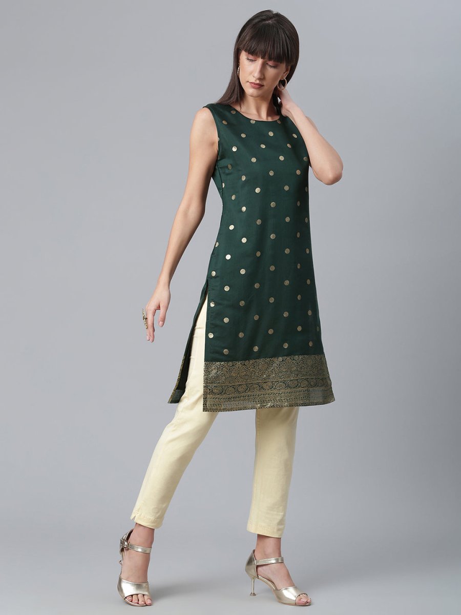 Ahalyaa Chanderi Dark Green Foil Gold Printed Kurti | Grocsy