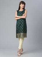 Ahalyaa Chanderi Dark Green Foil Gold Printed Kurti | Grocsy