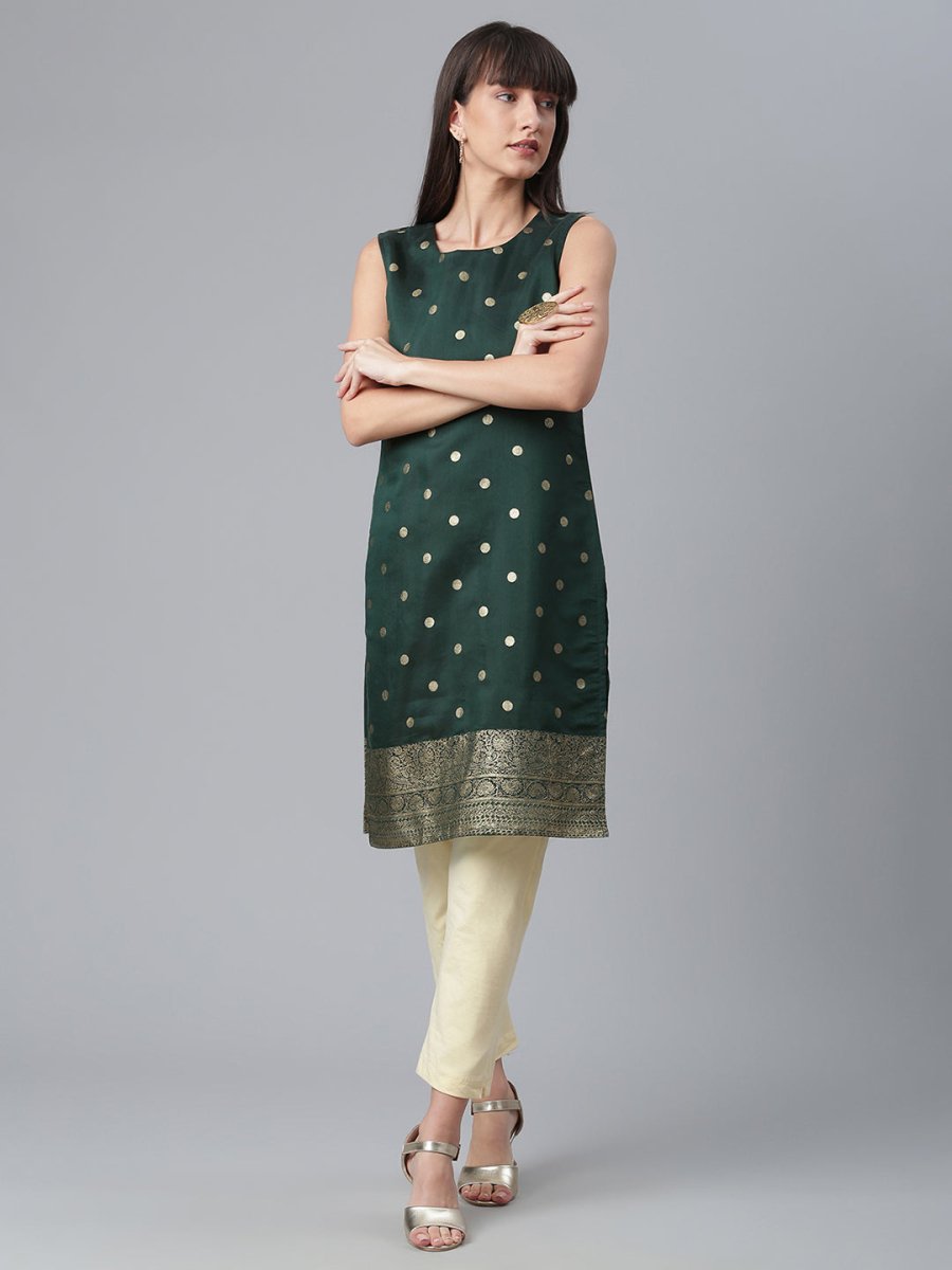 Ahalyaa Chanderi Dark Green Foil Gold Printed Kurti | Grocsy
