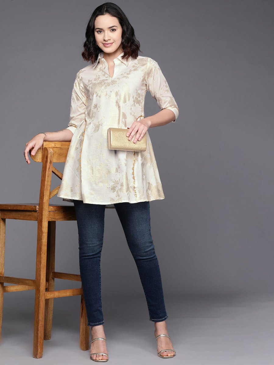 Ahalyaa Floral Printed Shirt Collar Cotton Tunic With Lace Inserts Detail | Grocsy
