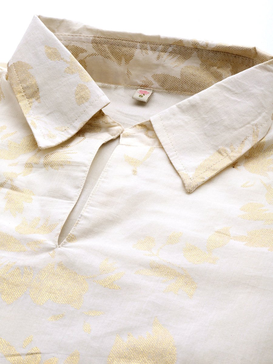 Ahalyaa Floral Printed Shirt Collar Cotton Tunic With Lace Inserts Detail | Grocsy