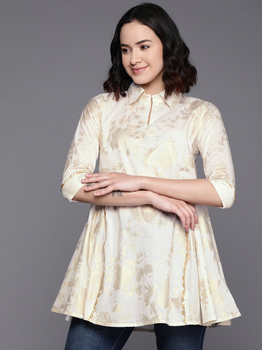 Ahalyaa Floral Printed Shirt Collar Cotton Tunic With Lace Inserts Detail | Grocsy