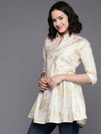 Ahalyaa Floral Printed Shirt Collar Cotton Tunic With Lace Inserts Detail | Grocsy