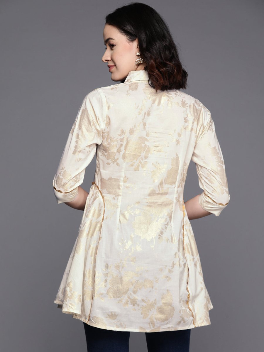 Ahalyaa Floral Printed Shirt Collar Cotton Tunic With Lace Inserts Detail | Grocsy