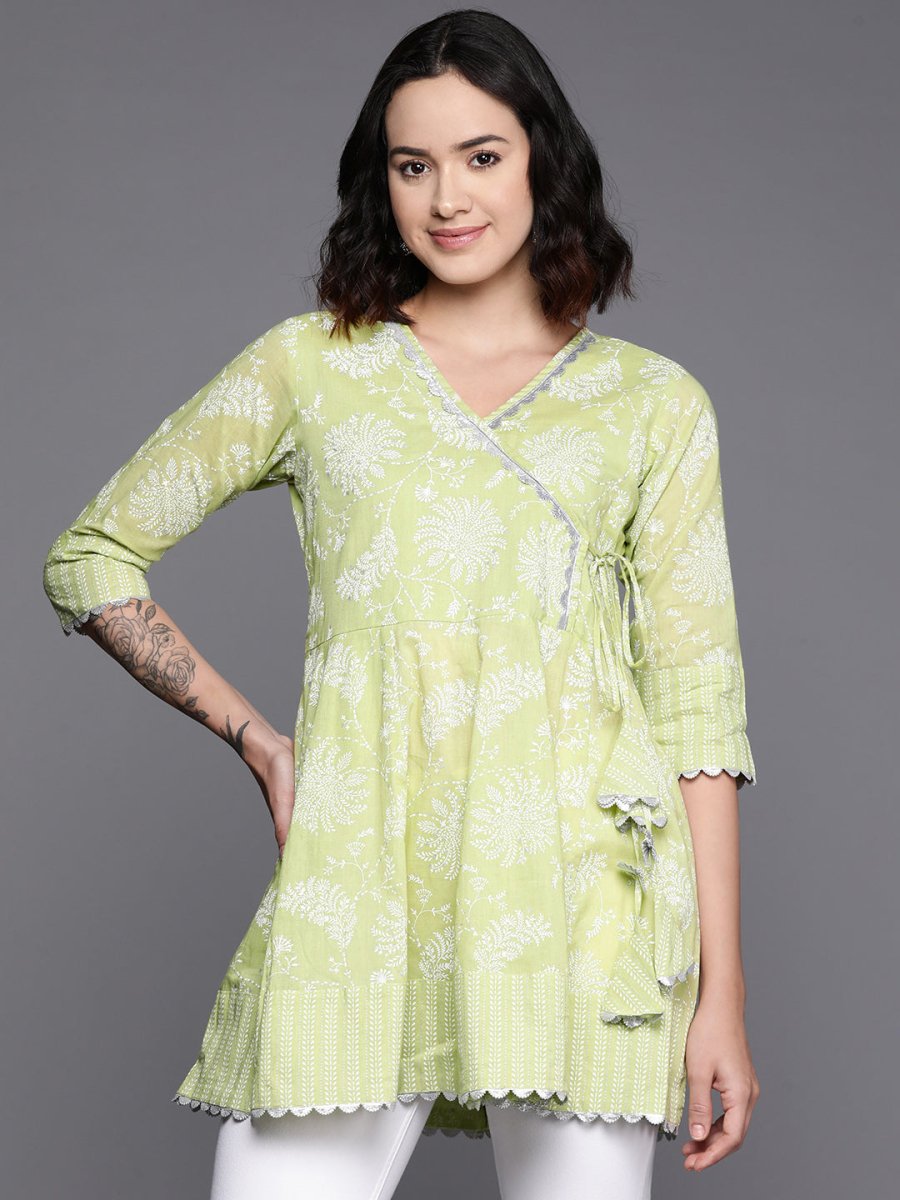Ahalyaa Floral Printed Cotton Tunic With Lace Inserts Detail | Grocsy