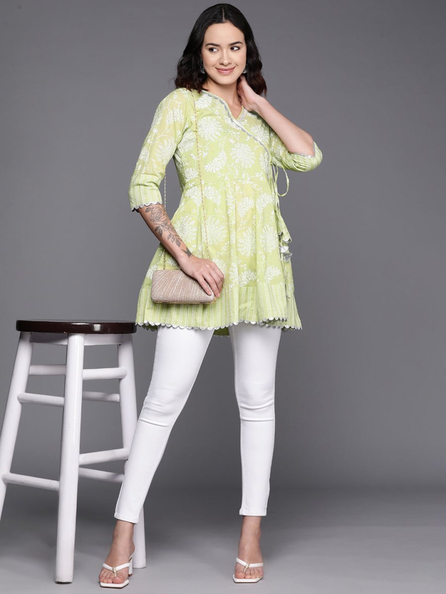 Ahalyaa Floral Printed Cotton Tunic With Lace Inserts Detail | Grocsy