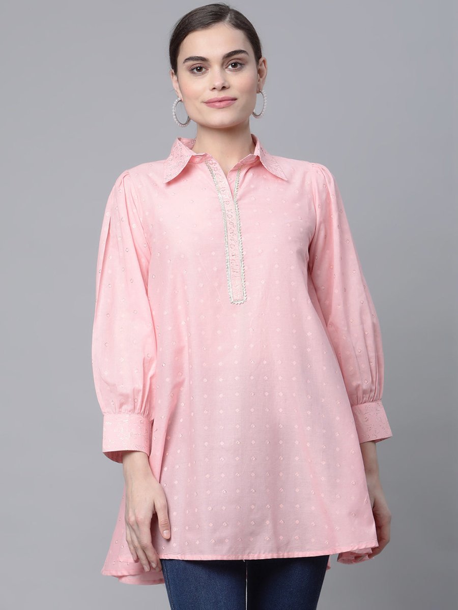 Ahalyaa Women Baby Pink Pure Cotton Printed Tunic | Grocsy