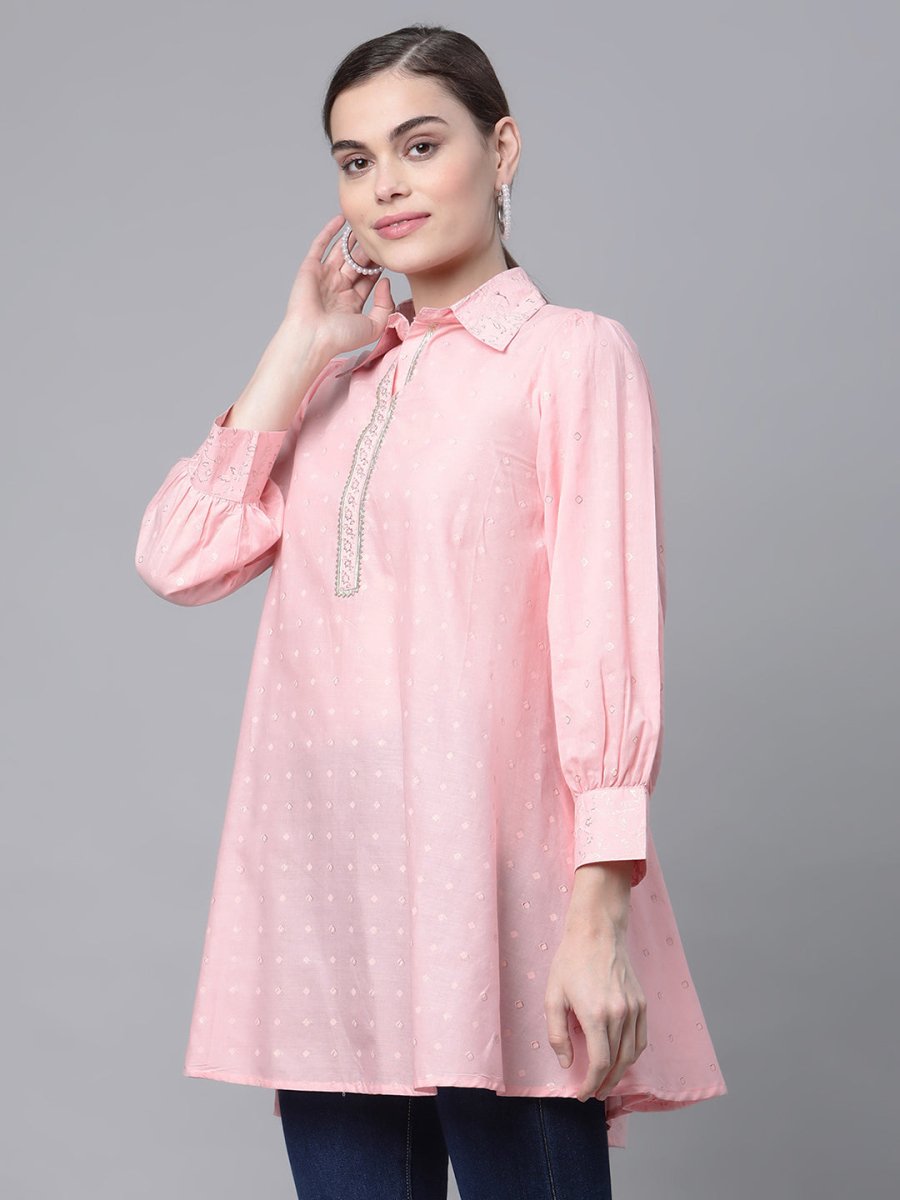 Ahalyaa Women Baby Pink Pure Cotton Printed Tunic | Grocsy