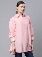 Ahalyaa Women Baby Pink Pure Cotton Printed Tunic | Grocsy