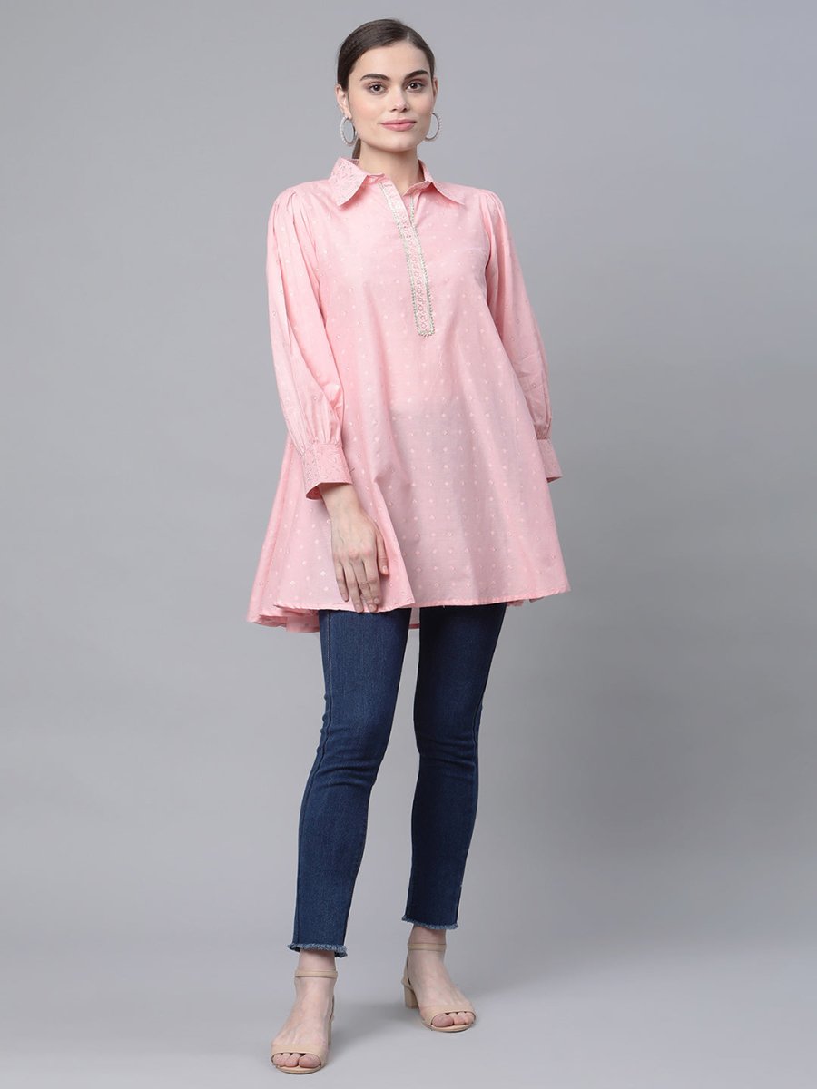 Ahalyaa Women Baby Pink Pure Cotton Printed Tunic | Grocsy
