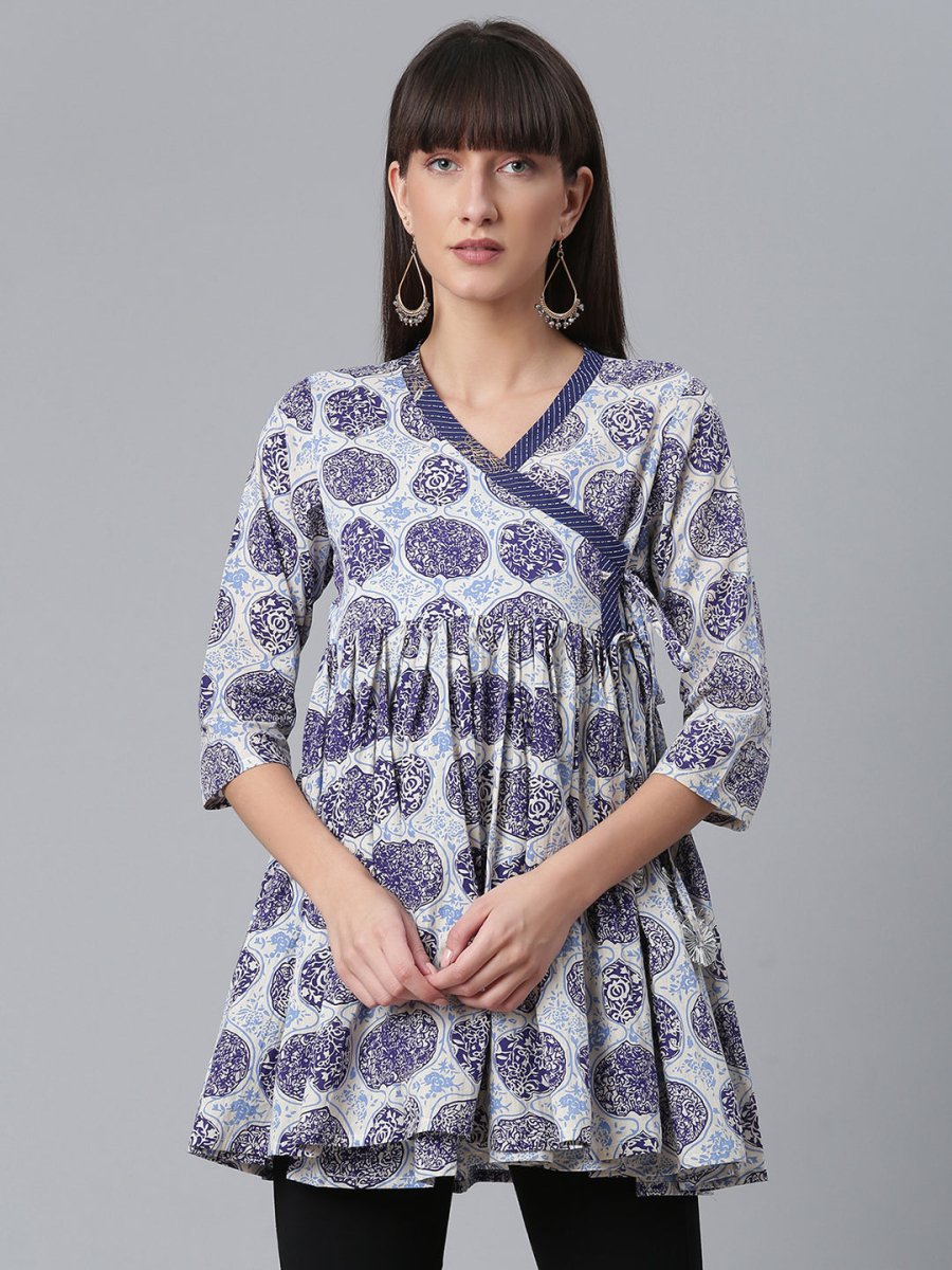 Ahalyaa Women Blue & Off-White Printed Angrakha Beautiful Tunic | Grocsy
