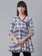 Ahalyaa Women Blue & Off-White Printed Angrakha Beautiful Tunic | Grocsy