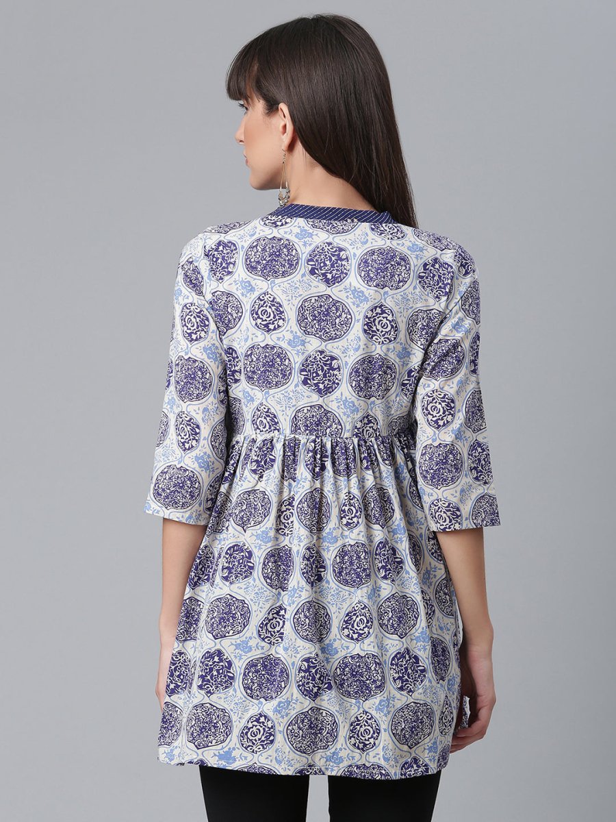 Ahalyaa Women Blue & Off-White Printed Angrakha Beautiful Tunic | Grocsy